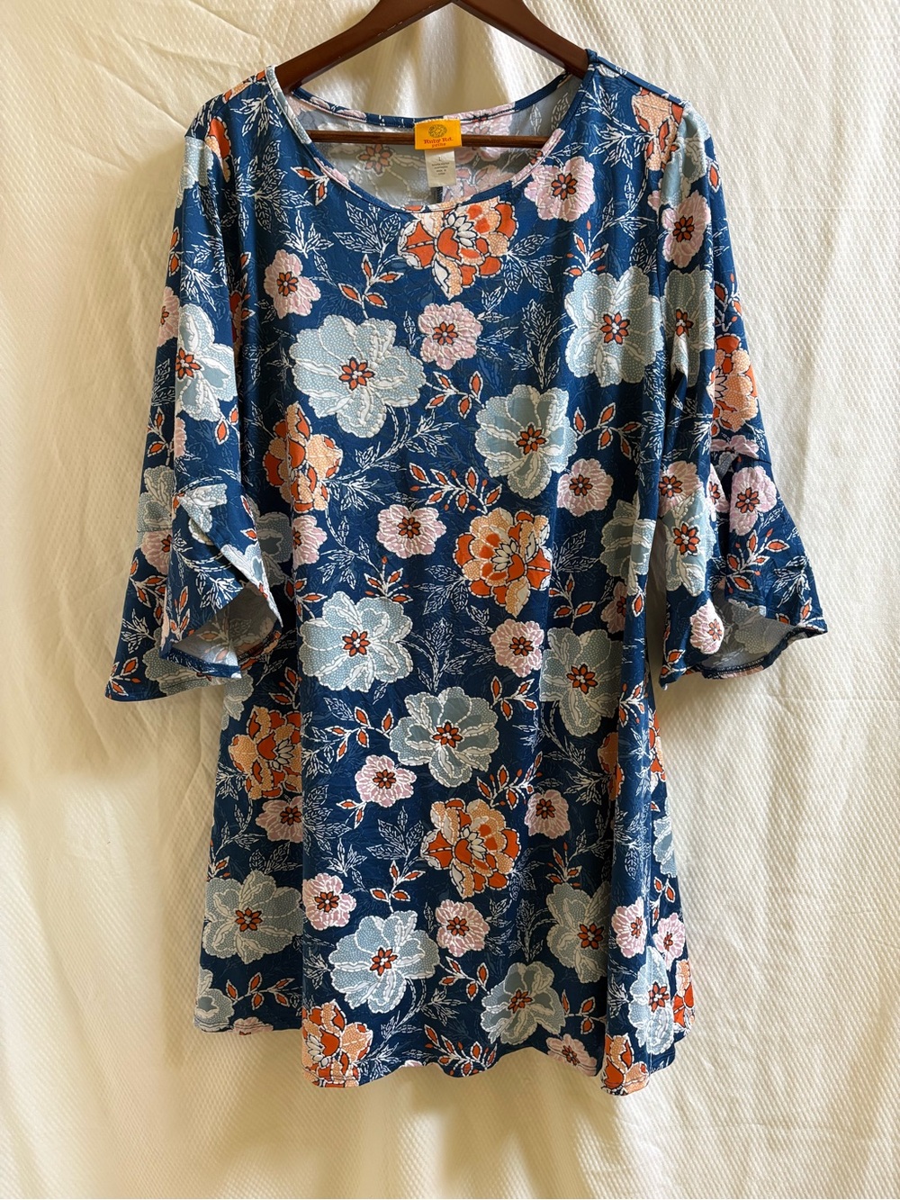 Ruby Rd. Blue Floral Scoop Neck Shift Dress Orange Pink Large Pre-Loved